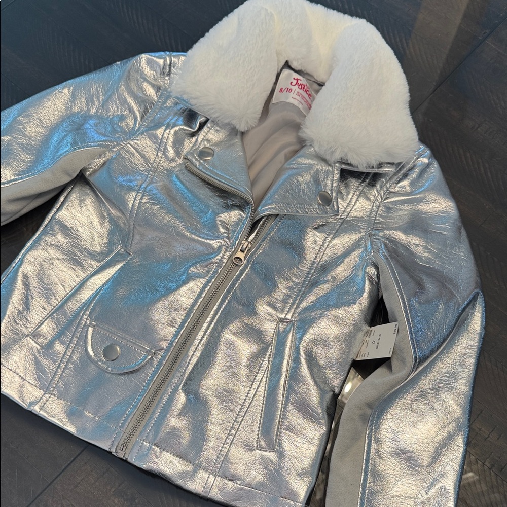 Justice Shiny Silver Jacket with White Faux Fur Collar